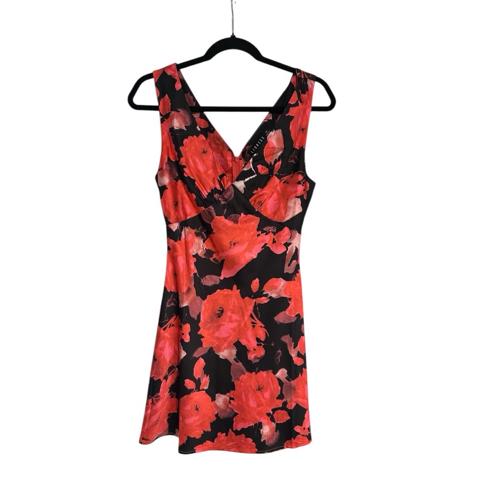 Lioness Black Mini Dress with Red Floral Print